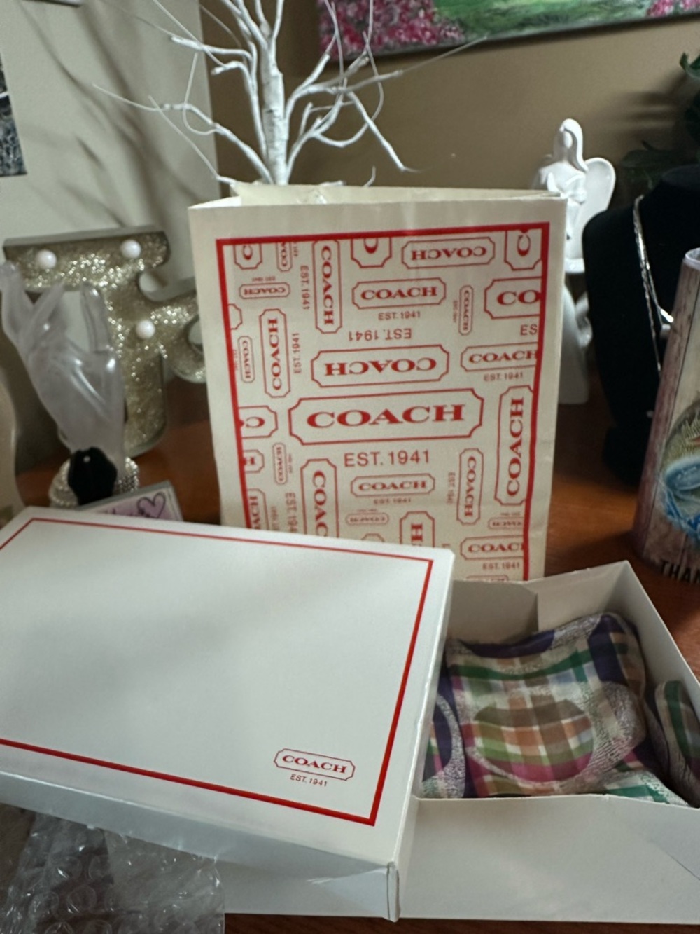 Coach Colorful Plaid Silk Scarf Comes with Box and bag